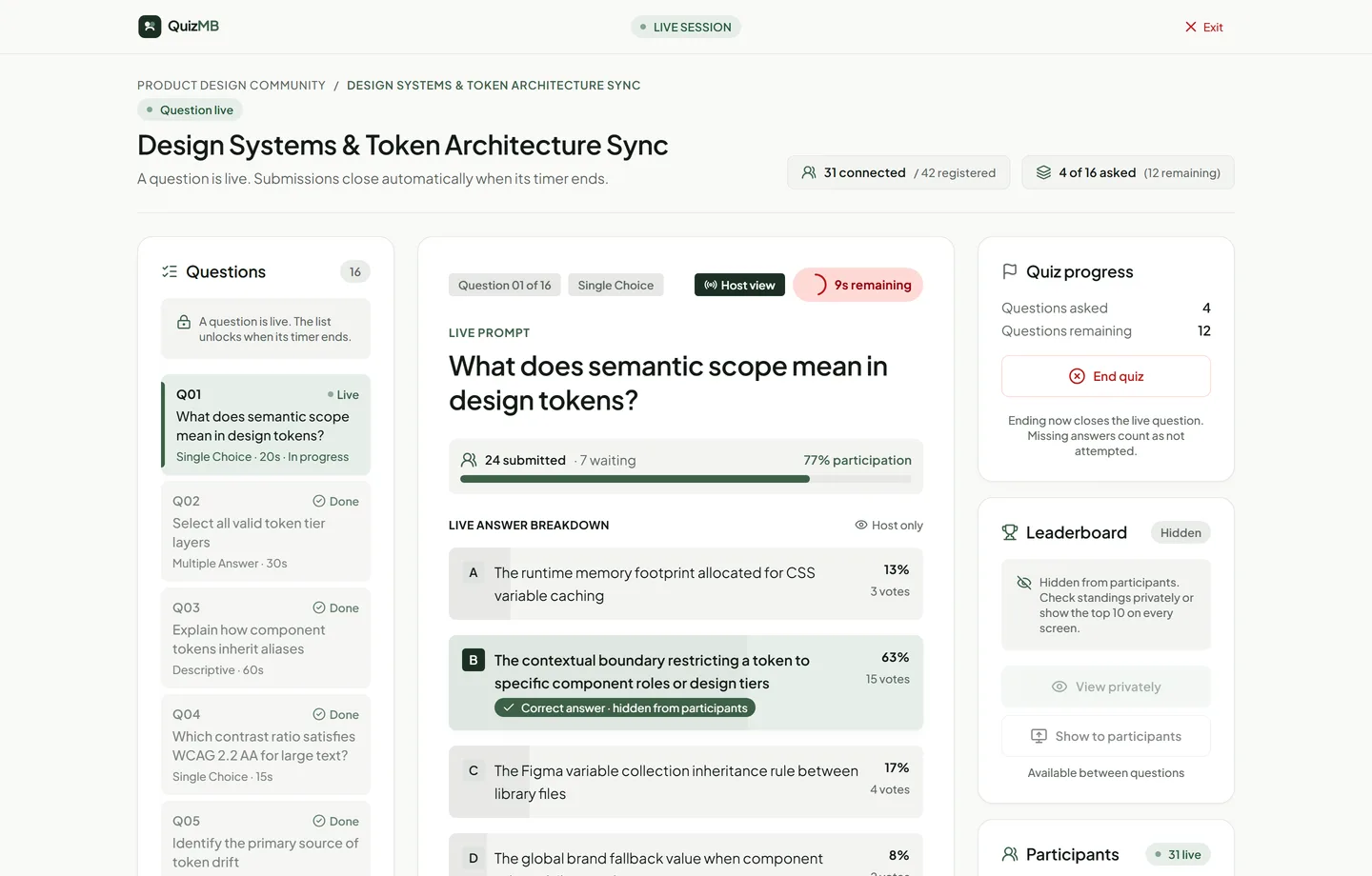 The QuizMB host console during a live question: the question list, live answer breakdown and quiz controls.
